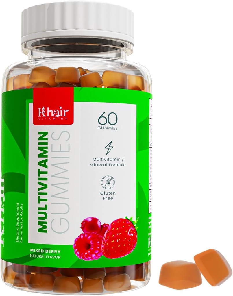 Khair Halal Adult Multivitamiinid Gummy - Vegan, Non-GMO - Gluteenivaba, želatiinivaba - Olulised vitamiinid: A-vitamiin E C D B12 ja B6-vitamiin Halal Vitamiinid - 60 Gummies