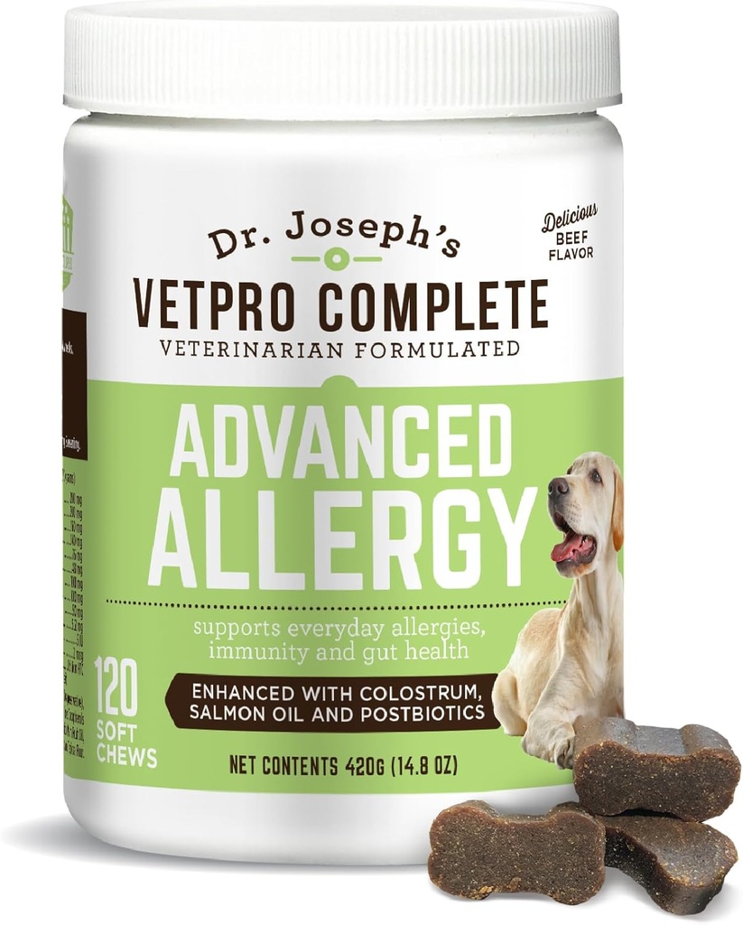 VetPro täiustatud allergia ja sügelemise tugi koertele - toetab hooajalisi allergiaid, sügelevat nahka ja immuunsust - täiustatud lõheõli, probiootikumide ja ternespiimaga allergiate, immuunsuse ja soolestiku tervise jaoks