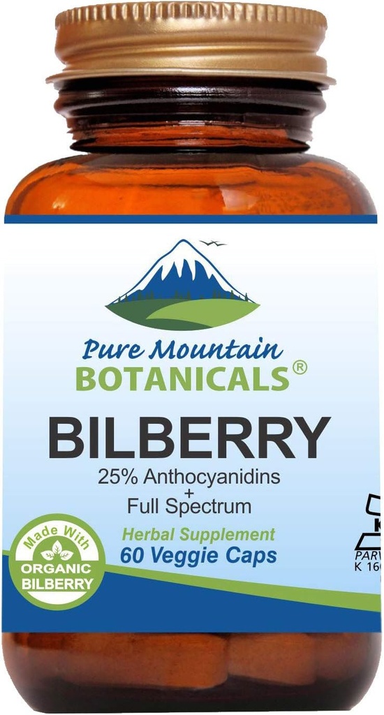 Pure Mountain Botanicals Bilberry Extract Supplement Vegan Kosher Kapslid 250mg Orgaaniline Bilberry Leaf & 50mg Potent Ekstrakti Billberries