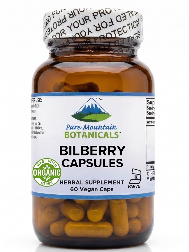 Pure Mountain Botanicals Bilberry Extract Supplement Vegan Kosher Kapslid 250mg Orgaaniline Bilberry Leaf & 50mg Potent Ekstrakti Billberries