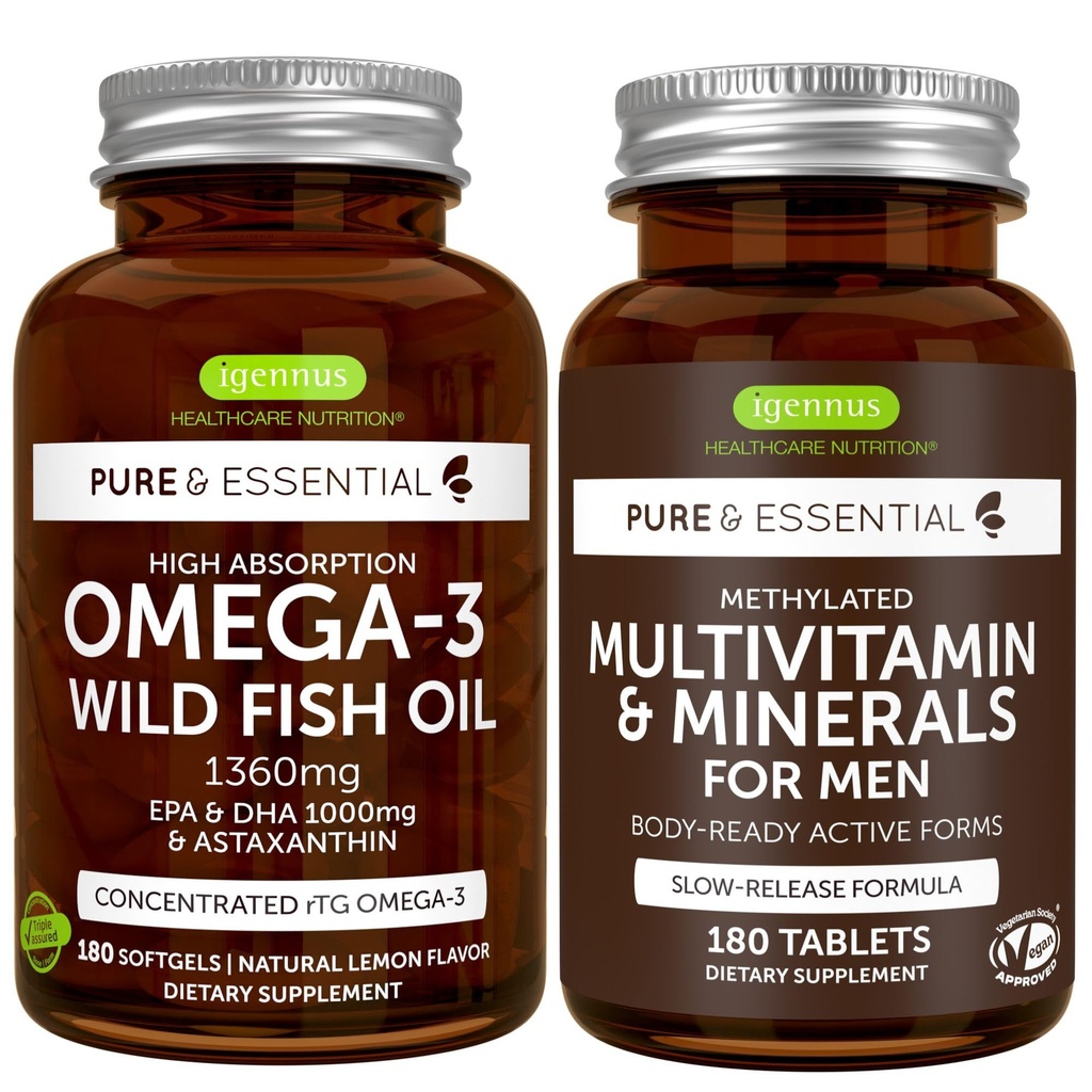 Kõrge imendumine Omega-3 Wild Fish Oil + Methylated Men's Multivitamiin Bundle, 1000mg EPA & DHA 180 Softgels + Jätkusuutlik vabanemine Multivitamiin 180 tabletti, Igennus