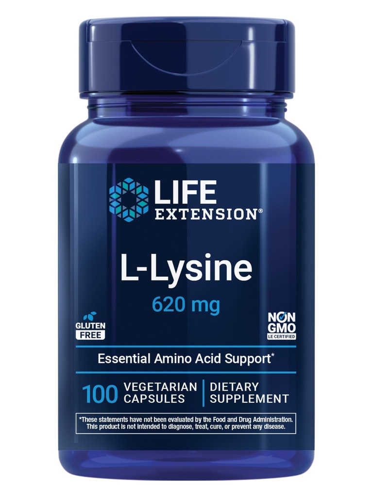 Life Extension L-Lysine, 620 mg, Essential Amino Acid for Healthy nitrogen Balance, Calcium Metabolism, Stress Response & More, Gluteenivaba, Non-GMO, Taimetoitlane, 100 kapslit