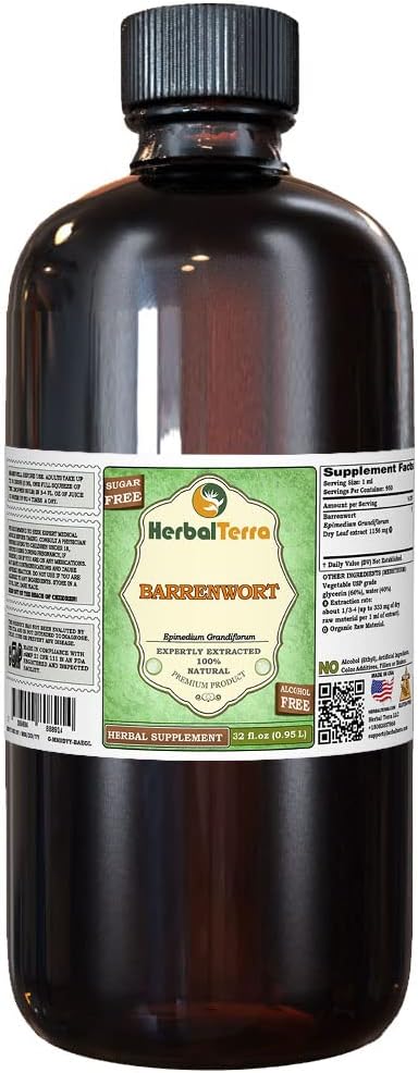Barrenwort (Epimedium grandiflorum) Glycerite, Kuivatatud Lehed Alkoholivabad Vedelikekstrakt (Brand Name: HerbalTerra, Proudly Made in USA) 32 fl.oz (0,95 l)