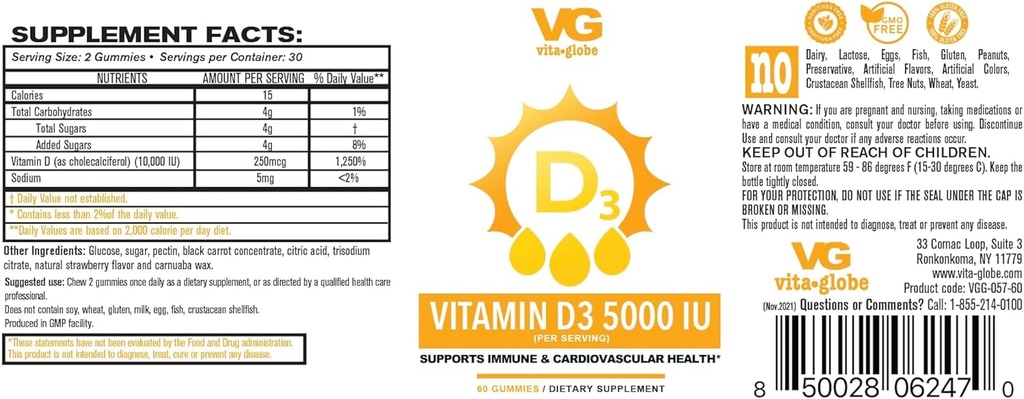 VITA GLOBE vitamiin D3 10 000 IU koos tsingi ja Echinacea Gummy - toetab tervislikku immuunsüsteemi, tugevad luud, hambad ja lihased, 120 loend (2-Pack)
