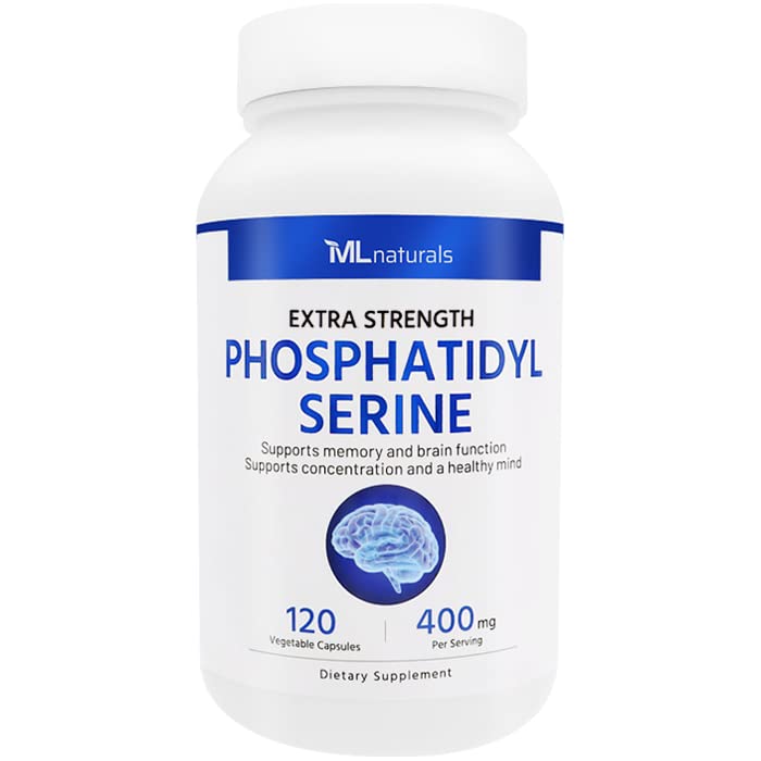 ML Naturals Phosphatidyl Serine 400 mg (suur annus) 120 köögiviljakapslit. Toetab mälu ja aju funktsiooni, mitte-GMO, NSF- sertifitseeritud ja cGMP- ga vastavuses