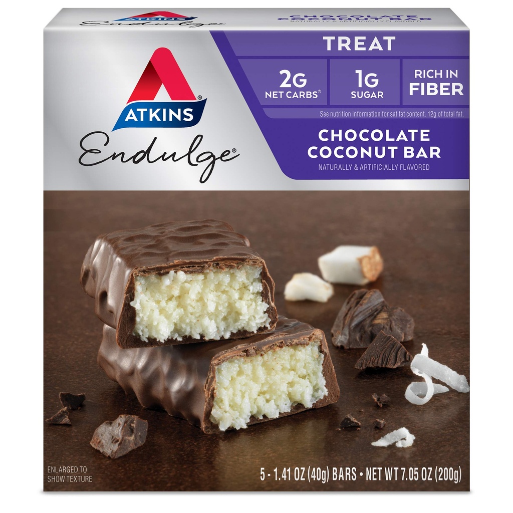 Atkins Endulge Chocolate Coconut Bar, magustoidu lemmik, kõrge kiudaine, 1 g suhkur, 5 krahv