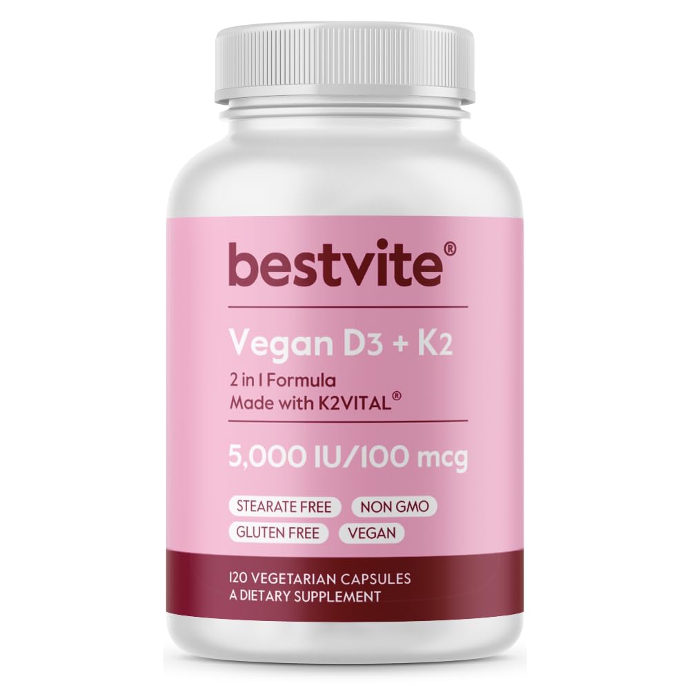 BESTVITE Vegan Vitamiin D3 5000 RÜ + Vitamiin K2 100 mcg nagu MK-7 (120 taimset kapslit) - Stearaatide puudumine - Vegan - Non GMO - Gluteenivaba
