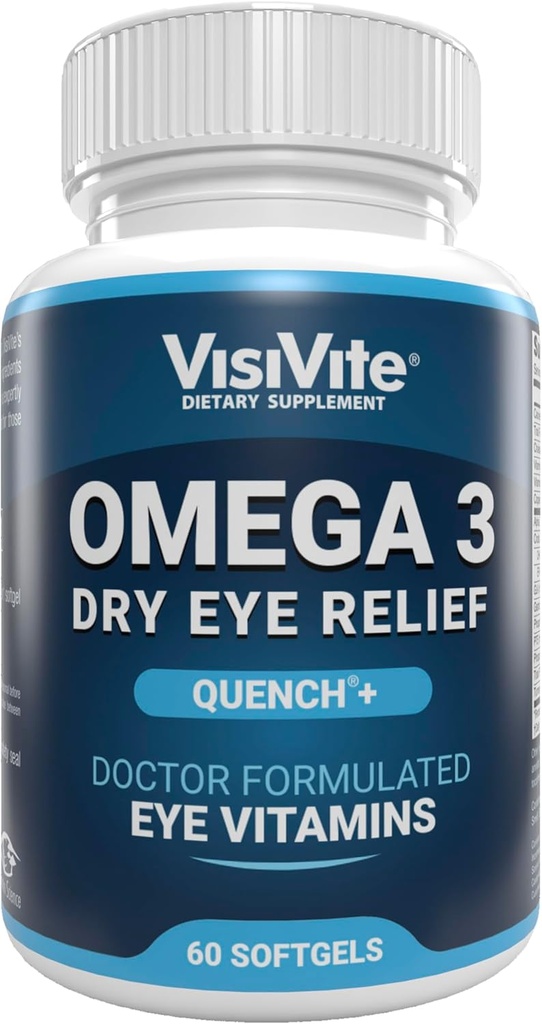 Omega 3 kuiva silma toidulisandid EPA ja DHA - VisiVite kuiva silma relief Quench + Silma vitamiinid kuivadele silmadele Omega 3 täiendusega - kuiva silma vitamiinid, mis on valmistatud Omega 3 kalaõliga - 60 softgels.
