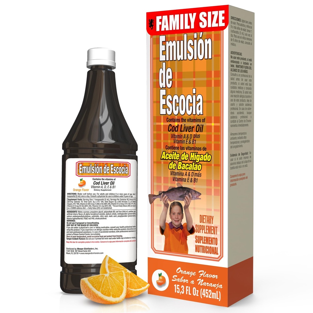 EMULSION DE ESCOCIA tursamaksaõli, toidulisand, vitamiinid A, B1, D ja E, immuunsüsteemi tugi, oranž maitse (15,3 Fl Oz / pakend 1)