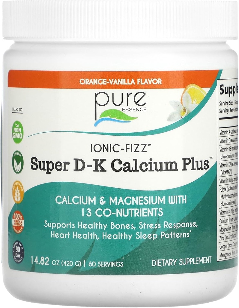 Ionic Fizz Super D-K Kaltsium Plus puhta olemusega - ekstra magneesiumi, D3-vitamiini, K2-vitamiini - oranž vanilje - 14,82oz