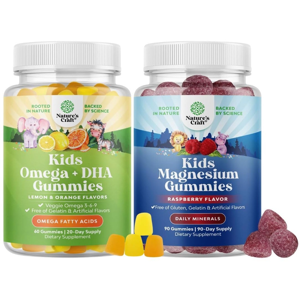 Bundle of Omega DHA Gummies for Kids - Rasvhapped Omega 3 6 9 koos C-vitamiini aju, immuunsuse ja nägemise ja lapsed Magneesium Gummies - Mag tsitraat närvide tervise lihased ja terve südame tugi
