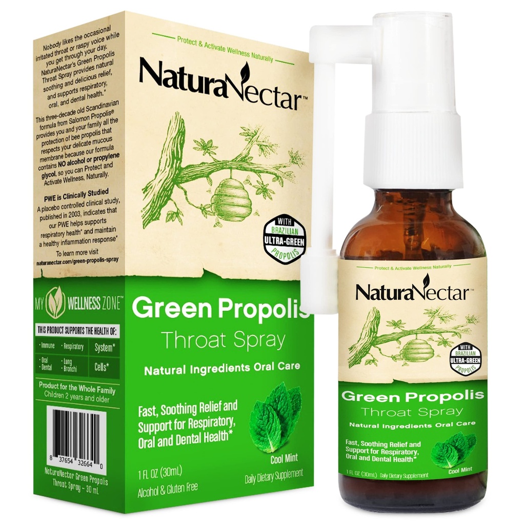 NaturaNectar - roheline propolis Throat Spray - ainulaadne, rahustav kurguhoolduse leevendamine Brasiilia mesilaste propolisega - Looduslik ja mittealkohoolne kurguhoolduse valem säästvast mesindusest (1-Pack, 30 ml)
