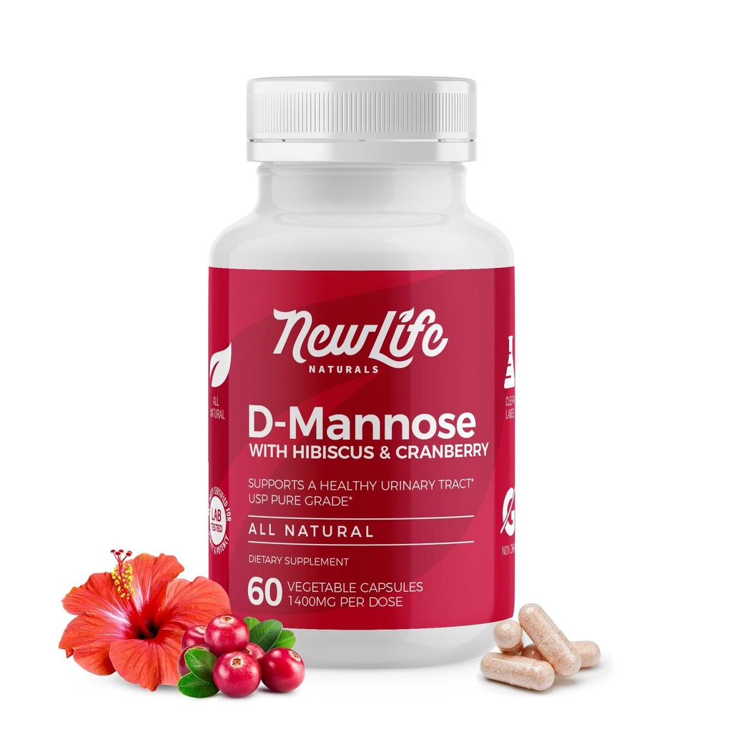 NewLife Naturals D-Mannose kapslid | w/Cranberry and Hibiscus Extracts | Natural Urinary Tract Health Supplement | 1400mg Pure Veggie Powder | 60 Veggie kapslid