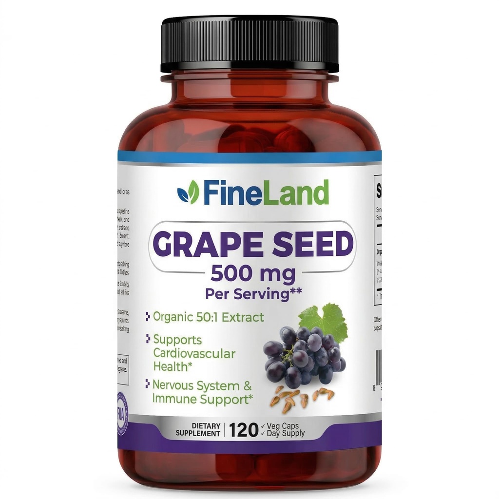 FineLand Grape Seed Extract 50:1 – 25 000 mg ekvivalenti kapsli kohta – 120 vegankapslit – rikas antioksüdantide | Südame, immuunsuse ja ringluse toetus – mitte-GMO | Valmistatud USA-s