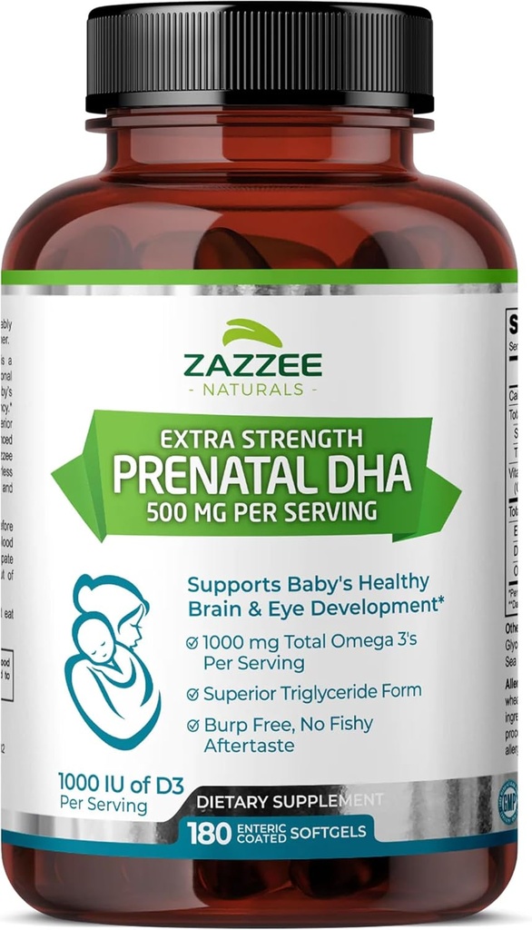 Zazzee ekstra tugevus Prenatal DHA 500 mg , 180 Enteric Coated Softgels , 1000 mg Omega 3 , 1000 UI vitamiin D3, Burp Free , No Fishy Aftertaste , Superior Triglyceride Form , Purified Deep Sea Fish Oil