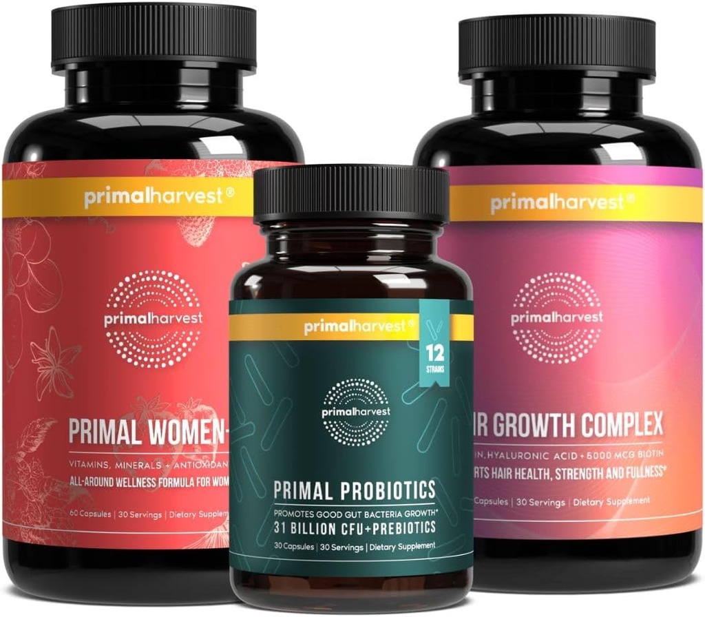 Primal Harvest Naiste Bundle - 30 päeva pakkumine: naised + Multivitamiin, primaarne juuste tugi ja primaarne probiootikum naiste tervise ja elujõu jaoks