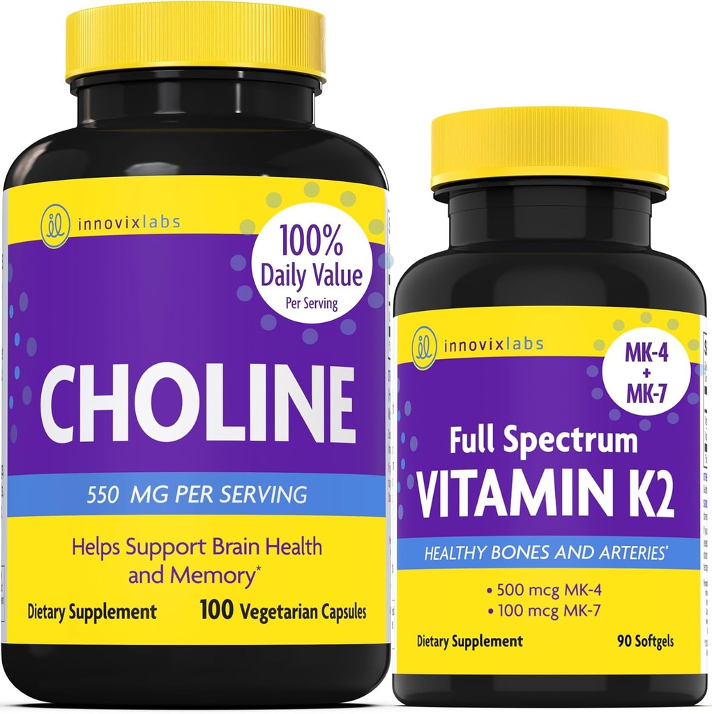InnovixLabs Koliin & Vitamiin K2 Koondisbitartraat 550 mg (100 kapslit) Täisspektriga K2-vitamiin (90 softgels). Toetab mälu, meeleolu, aju tervist ja suurendab kognitiivset.