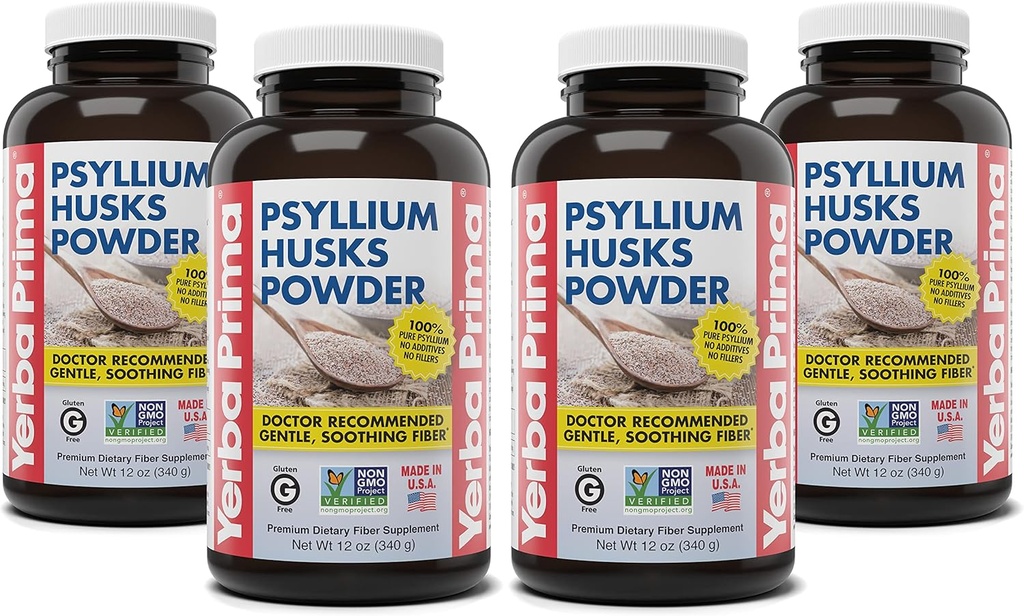 Yerba Prima Psyllium Husks Powder - 12 oz (pakk 4) - looduslik kiudainelisa - Colon Cleanse - Soolestiku Tervis - Vegan, Non-GMO, Gluteenivaba (uus etikett - pakend võib erineda)