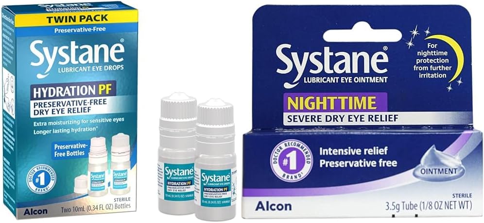 Süstaanhüdratsioon Mitmeannuseline säilitusainevaba silmatilgad Kuiv Silma Relief Kaksikpakend (2x10ml) & Öine määrdeaine silma salv 3, 5 g Tube