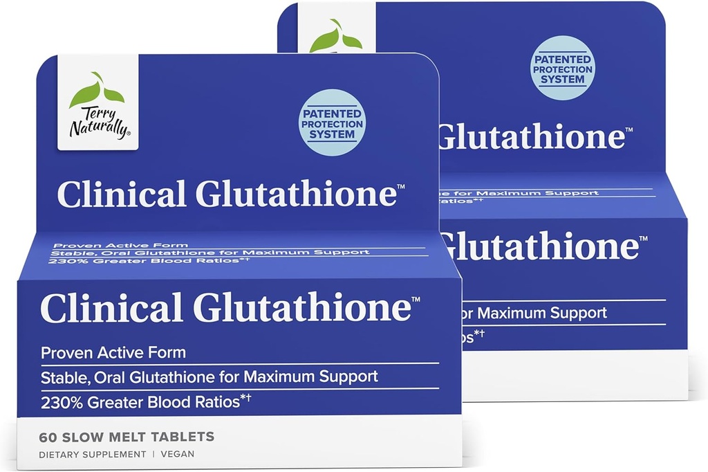 Terry Naturally Clinical Glutathione - Antioxidant for High Absorption - Dietary Supplement with L-Glutathione - Vegan Supplement to Support Cell Health - 60 Slow Melt Tablets (Pack of 2)