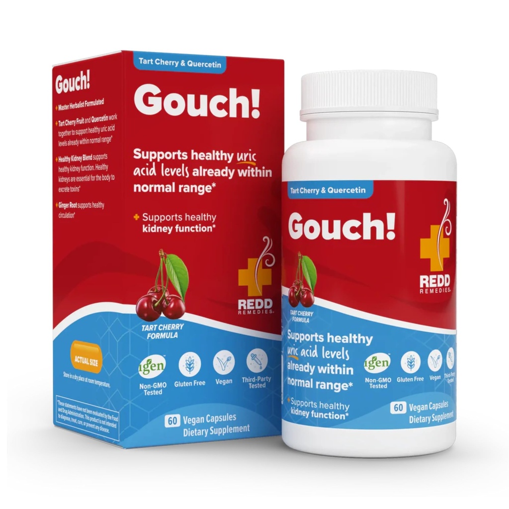 Redd Remedies, Gouch!, Täiendav tugi liigeste ja kusihappe tasemetele, julgustab tervislikku põletikulist vastust, Tart Cherry & Quercetin, 60 Vegan Kapslit