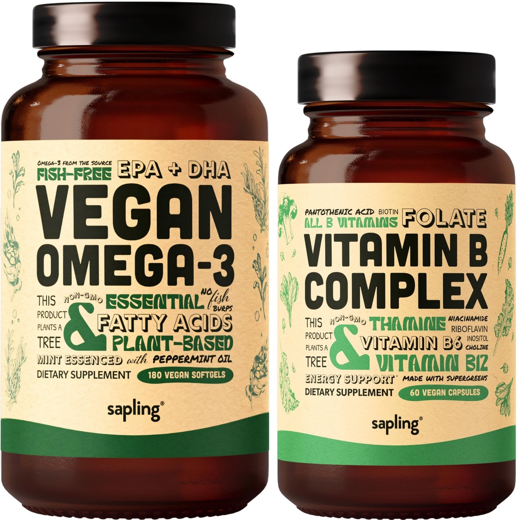 Vegan Omega 3 180 Softgels & Vegan Vitamiin B Kompleks - Taimepõhine DHA & EPA rasvhapped, Essential B vitamiinid kogu toidu seguga, B1, B2, B3, B5, B6, B7, Folaat