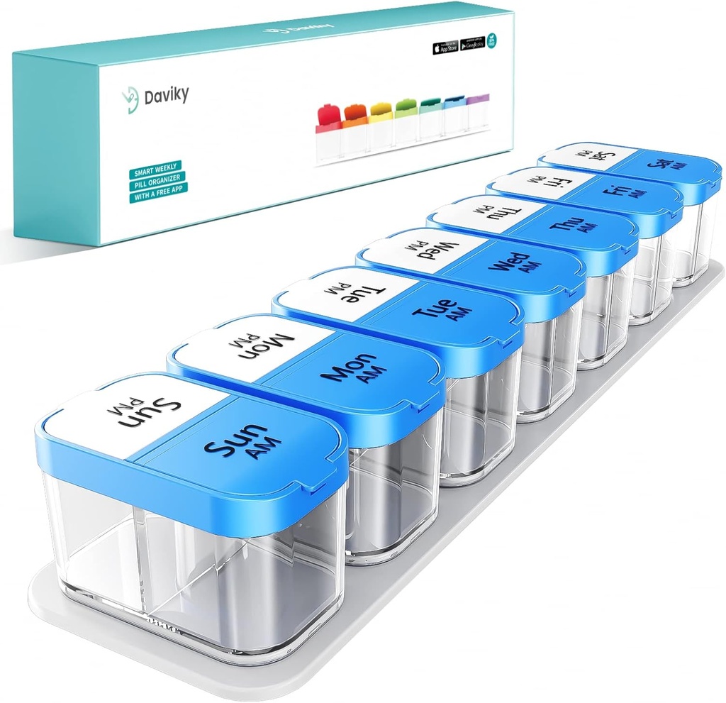 Daviky Suur Pill Korraldaja 2 korda päevas - XL Pill Box 7 päeva, Big Vitamiini Hoidja 7 Eemaldatav AM / PM Koostis, Big Supplement konteiner iganädalaseks või igapäevaseks kasutamiseks (sinine)