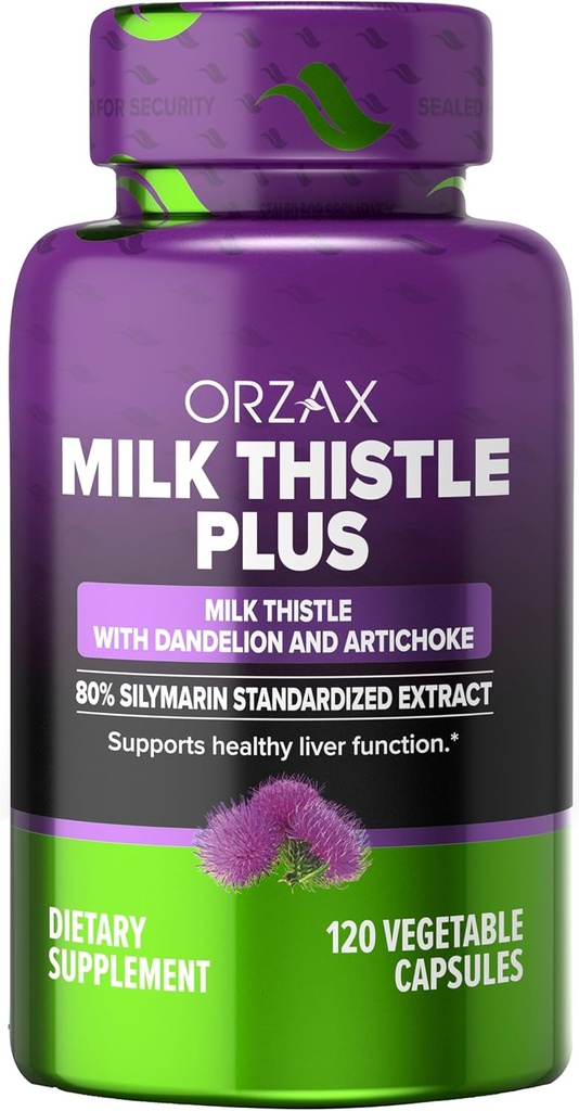 ORZAX Piimaohakas 250 mg - Maksapuhastuse Detox & Remondi tugi - Taimne täiendus - 80% Silymarin Standarditud, Dandelion Juur & Artišoki ekstrakt - Vegan & Non-GMO - 120 kapslit - 120 päeva pakkumine