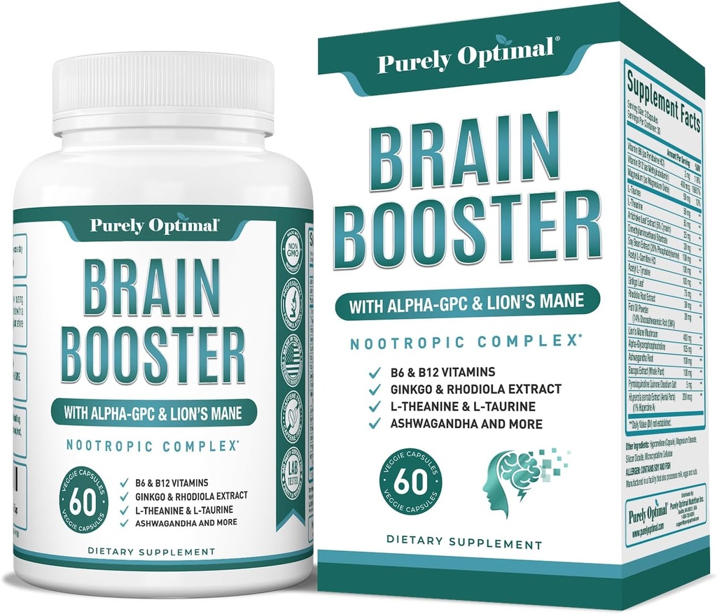 Purely Optimal Brain Booster Nootropic Supplement – Brain Support for Memory, Focus, Clarity, Jitter-Free Energy for Adults, Seniors– with Ginkgo Biloba, Alpha GPC, Lion’s Mane – 60 Capsules