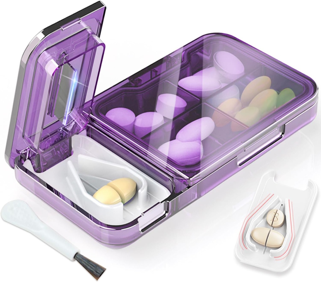 Pill Cutter Splitter väikeste või väikeste pillide jaoks. 2-in-1 Travel Pill Box & Pill Splitter - Suur mahutavus 4 Komponendid Pill Korraldaja - Eemaldatav Mittelibisev V-kujuline Pad. Mähkige ümber plaadikaitse (Purple)