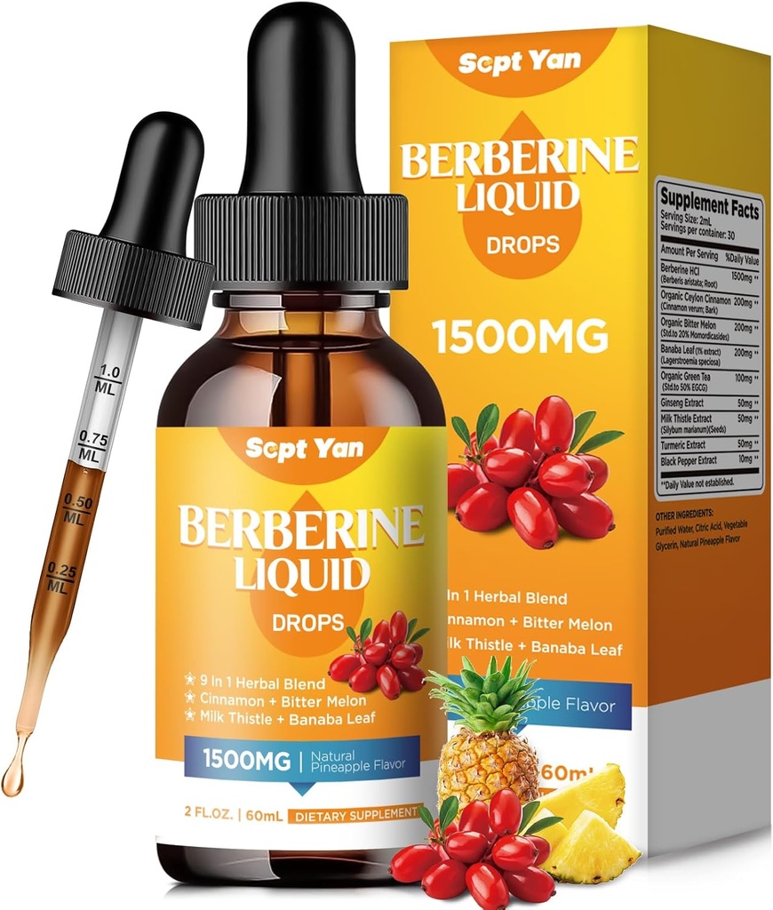 Berberine Supplement Vedel tilgad - Berberine 1500mg koos Ceylon Cinnamon, Bitter Melon, Banaba Leaf, Kurkum immuunsuse, seedesüsteem, südametoetus, looduslik ananassimaitse, 2 Fl Oz