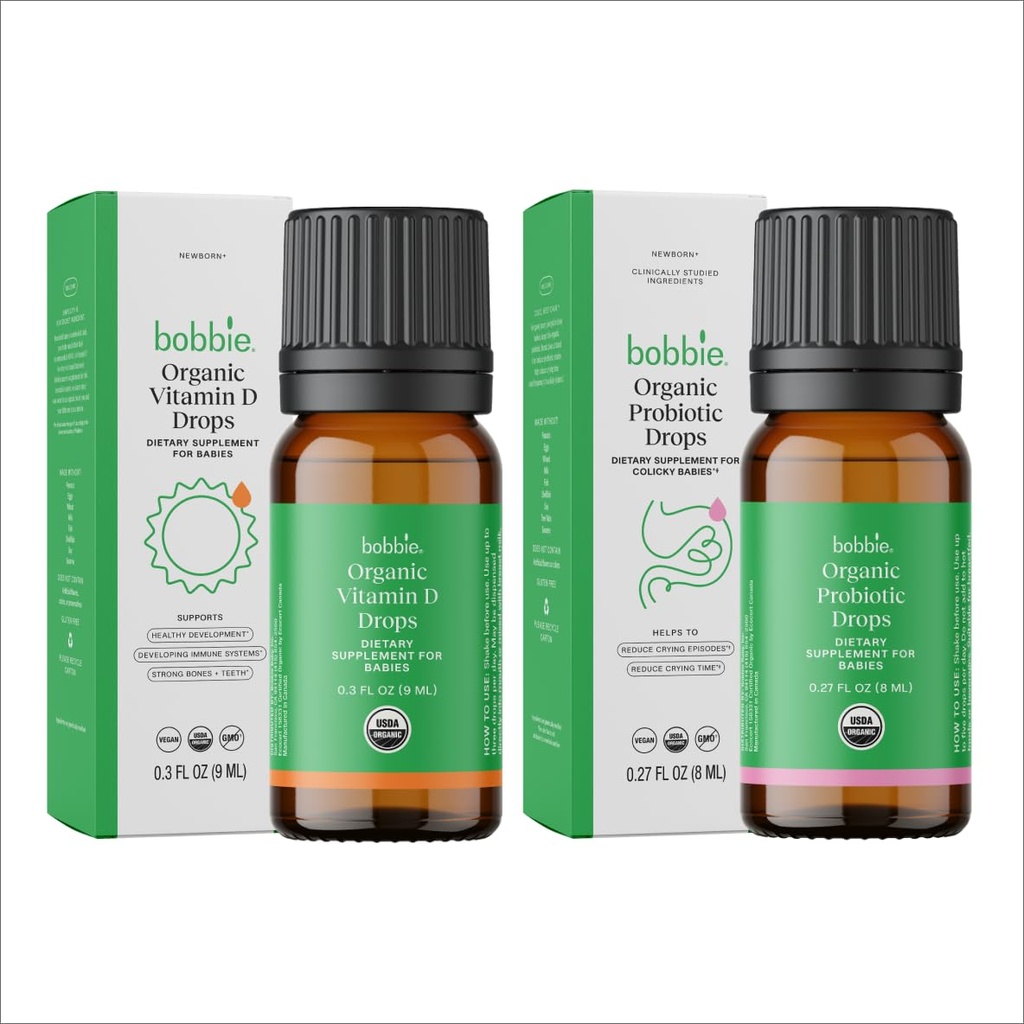 Bobbie orgaaniline beebi D-vitamiini ja probiootikumide tilgad Bundle, igapäevased vedelad toidulisandid immuunsuse, hammaste, luude ja seedetrakti tervise toetamiseks vastsündinutel ja imikutel, vegan, imikusõbralik valem