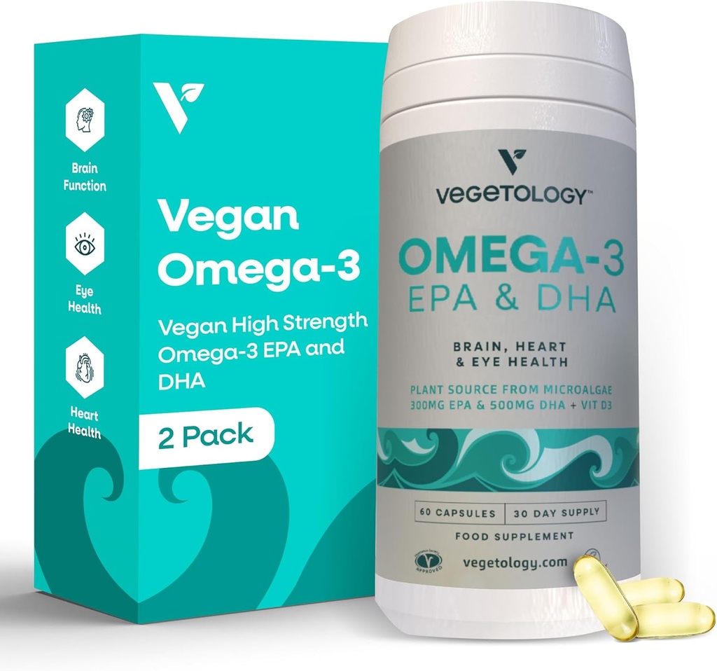 Vegan Omega 3 täiendus - EPA, DHA toidulisandid ja vitamiin D3 - vetikad Omega 3 vegan toidulisandid aju, silmade ja südame tervise jaoks - lastele ja täiskasvanutele (120 kapslit)