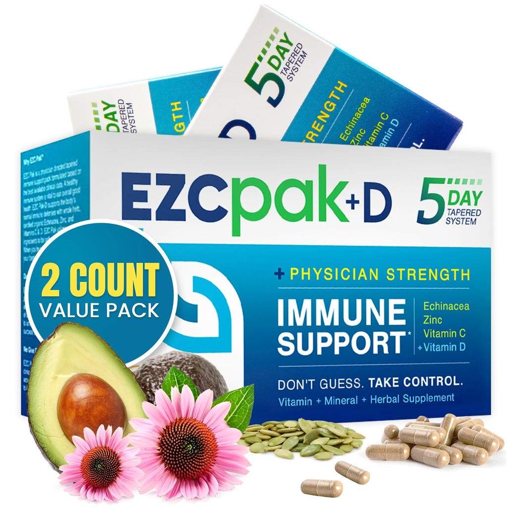 EZC Pak 5-päevane Immuunsüsteemi tugevdaja koos Echinacea, C-vitamiini, tsingi ja D-vitamiiniga - täiskasvanutele mõeldud nõrgestatud immuunsuse tugisammas - toetab immuunsust, lihtsat reisisuuruse lisapaketti - (Pack of 2)