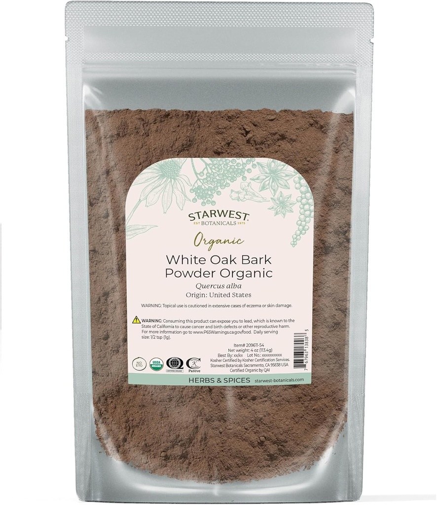 Starwest Botanicals Valge Tammekoorepulber Orgaaniline - kuivatatud maitsetaimed tee ja looduslike taimsete segude jaoks, Pure Quercus Alba, Certified Kosher, Non-GMO - 4 oz Pouch
