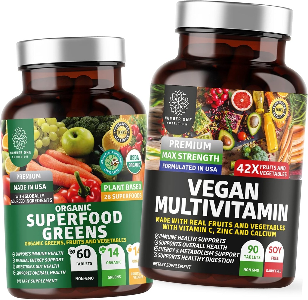 Number üks Toitumine N1N Premium Taimepõhine Multivitamiin [86 Võimsad Koostisosad] ja Orgaanilised Superfood Rohelised [28 Võimsad Koostisosad], et toetada soolestiku tervist ja üldist heaolu, 2 Pakend