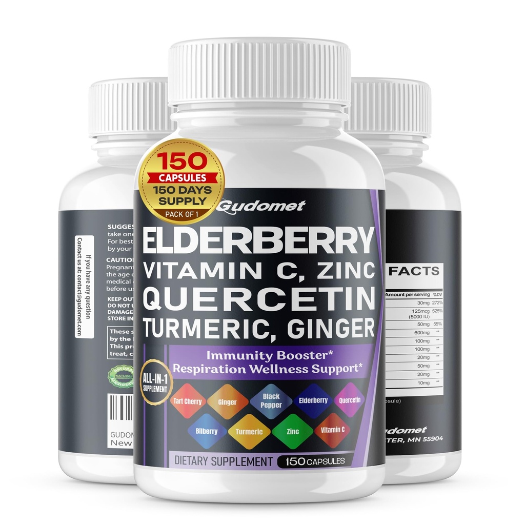 Elderberry Quercetin Bilberry Turmeric Tart Cherry Ginger C-vitamiin D3 Tsink Black Pepper - 150 kapslit - valmistatud USAs