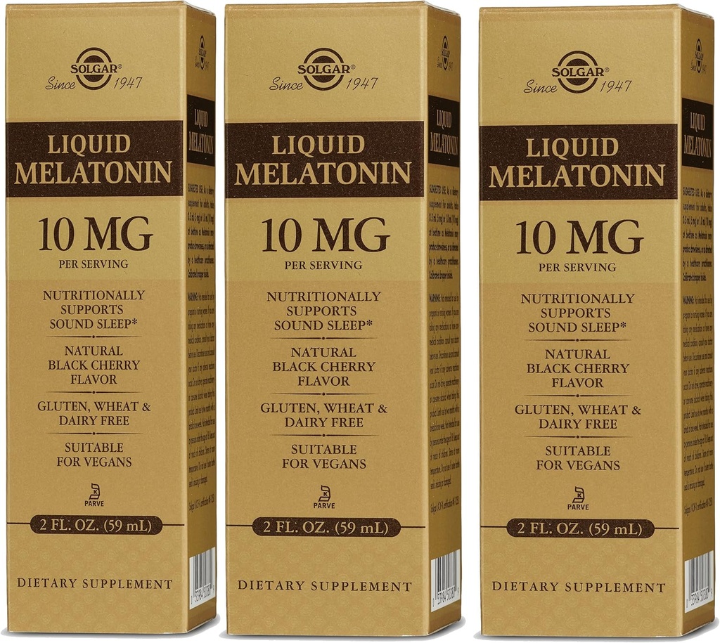 Solgar Vedel Melatoniin 10 mg, Natural Black Cherry Maitse - 2 fl oz, Pack 3 - Great for Jet Lag - Vegan, Gluteenivaba - 177 Kogu Servings