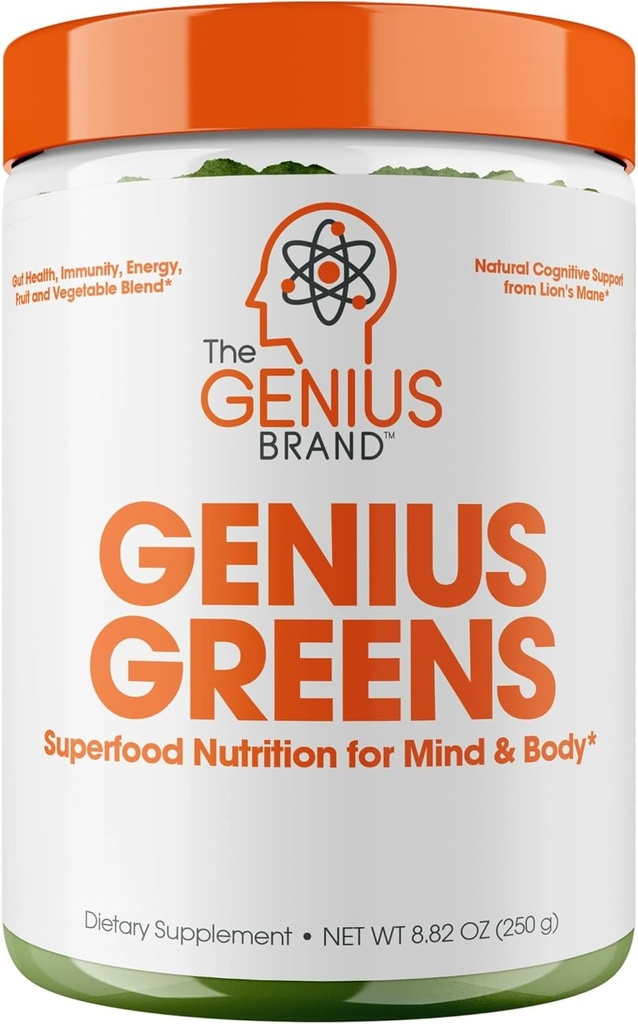 The Genius Brand Genius Greens - Greens Powder for Healthy Mind & Immunity Support - Organic Vegetables, Blueberries & Lion's Mane - Convenient Drink Mix - Pleasant Taste - 20 Servings