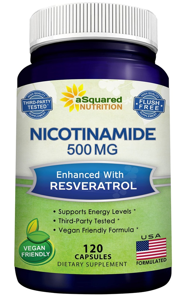 aSquared Nutrition Nicotinamide koos Resveratrooli - 120 Veggie Kapslid - Vitamiin B3 500mg (Niacinamide Flush Free) - täiendus pillid, et toetada NAD, naharakkude tervist ja energiat