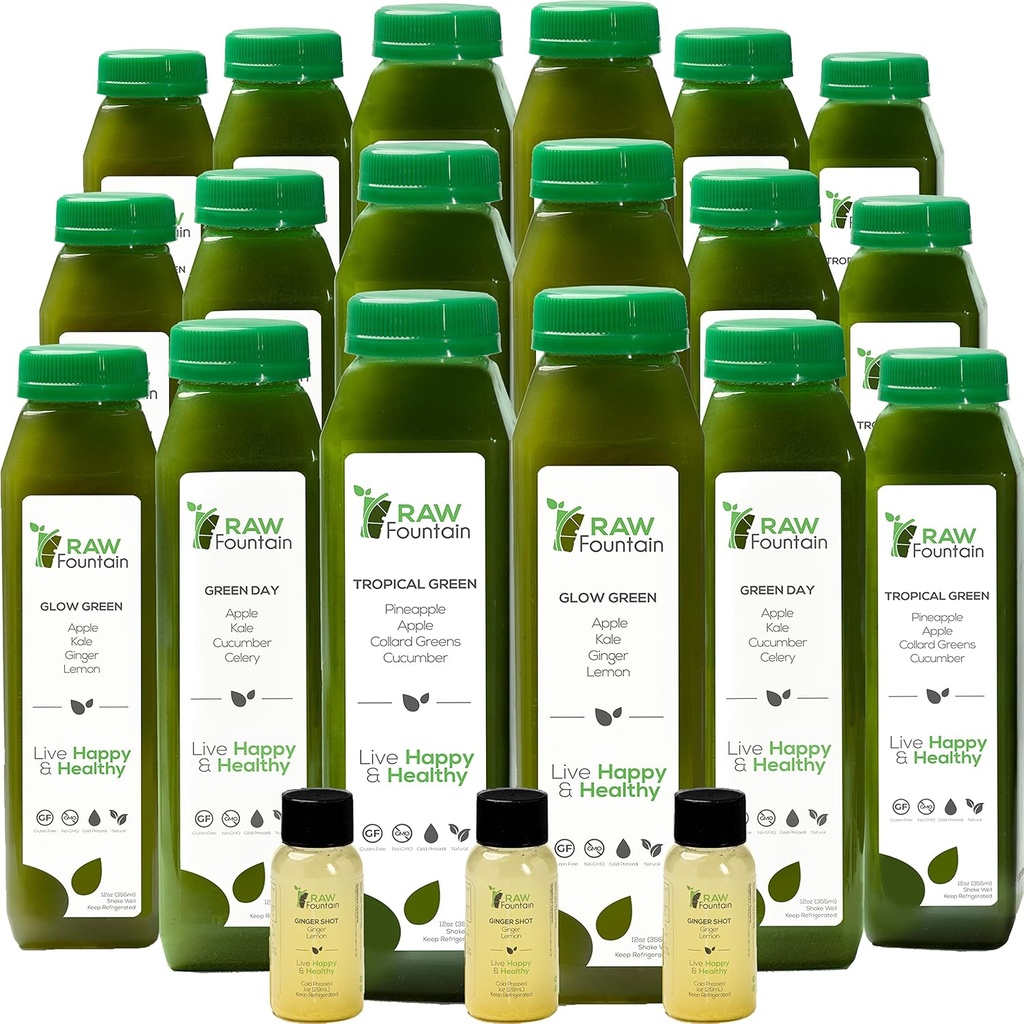5 päeva roheline mahl puhastab toores purskkaev, kõik looduslik toores, vegan Detox, külmpressitud mahl, 30 pudelit 12oz, 3 ingveri kaadrit