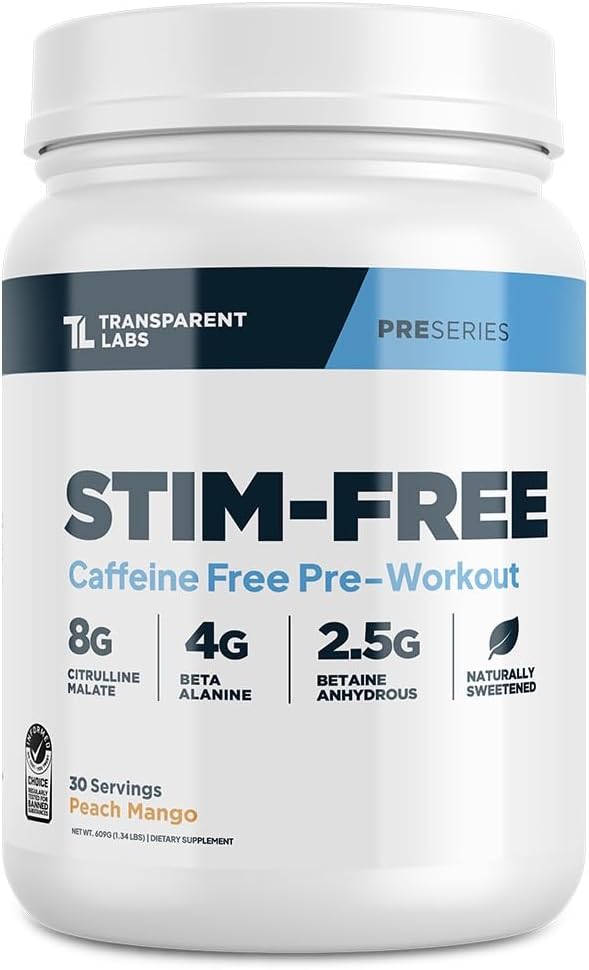 Läbipaistev Labs Stim-Free Pre-Workout - Kofeiin & Stim Free Pre Workout Pulber looduslikult magustatud meestele ja naistele beeta-alaniin Pulber, tsitrulliinmalaat & elevATP - 30 Servings, Peach Mango