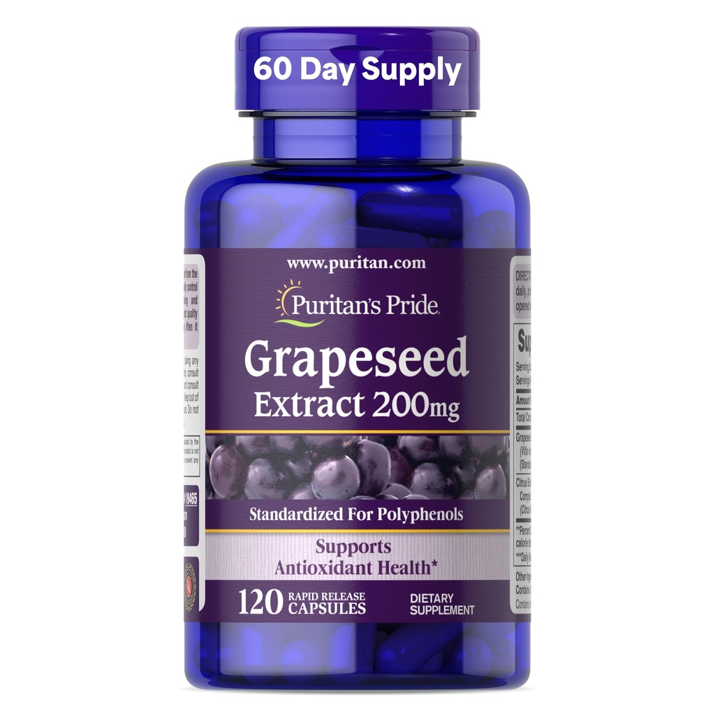 Puritan's Pride Grapeseed Extract 200mg, toidulisand antioksüdantide ja südame tervise toetamiseks, 2 kuu pakkumine, 120 kiirvabastuskapslit