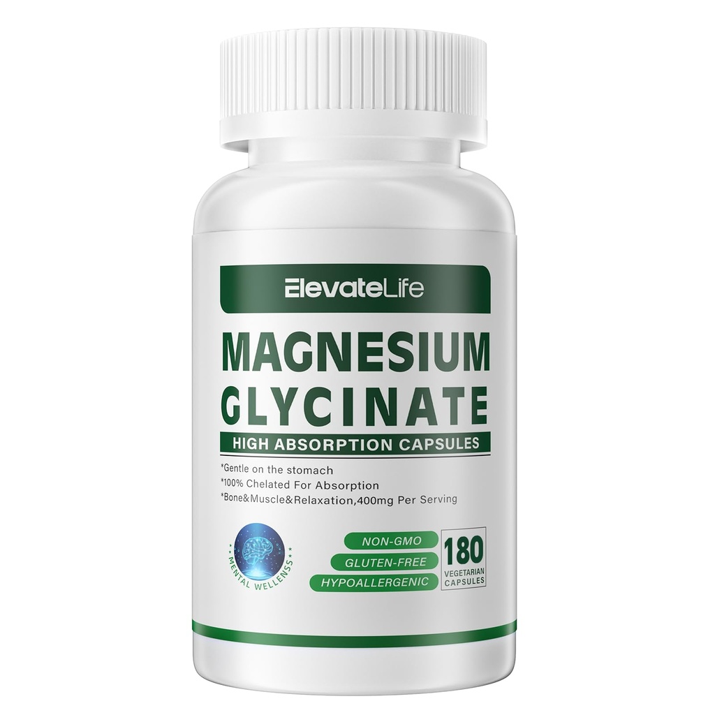 Magneesiumglütsinaat 400 MG ühe serveerimise kohta 100% kelaaditud kõrge imendumise jaoks, õrn kõhul, mitte-GMO, 180 taimekapslit