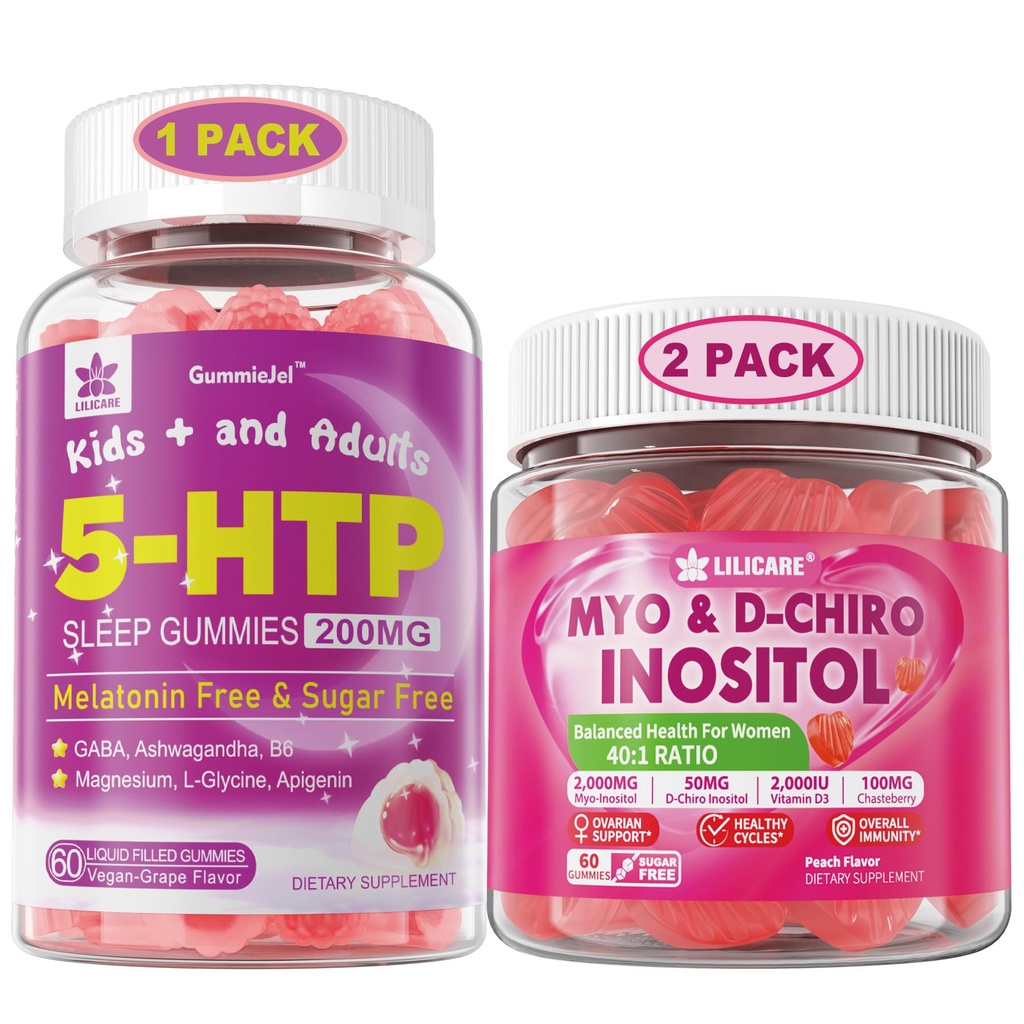 LILICARE Bundle: 5HTP Gummies koos magneesiumglütsinaadiga - melatoniinivabad unekummid täiskasvanutele ja lastele 8+ ja inositoolkummid Ideaalne 40: 1 suhe Myo & D-Chiro Inositool Supplement