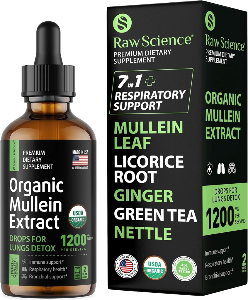 Orgaanilised mullein tilgad kopsudele - hingamistoetus & lima leevendus - Lung Detox suitsetajatele: Mullein Leaf Extract, Lagrits, Ingver, Oregano & Nettle Leaf, Thyme - Lung Cleanse Herbal Extract, 2oz