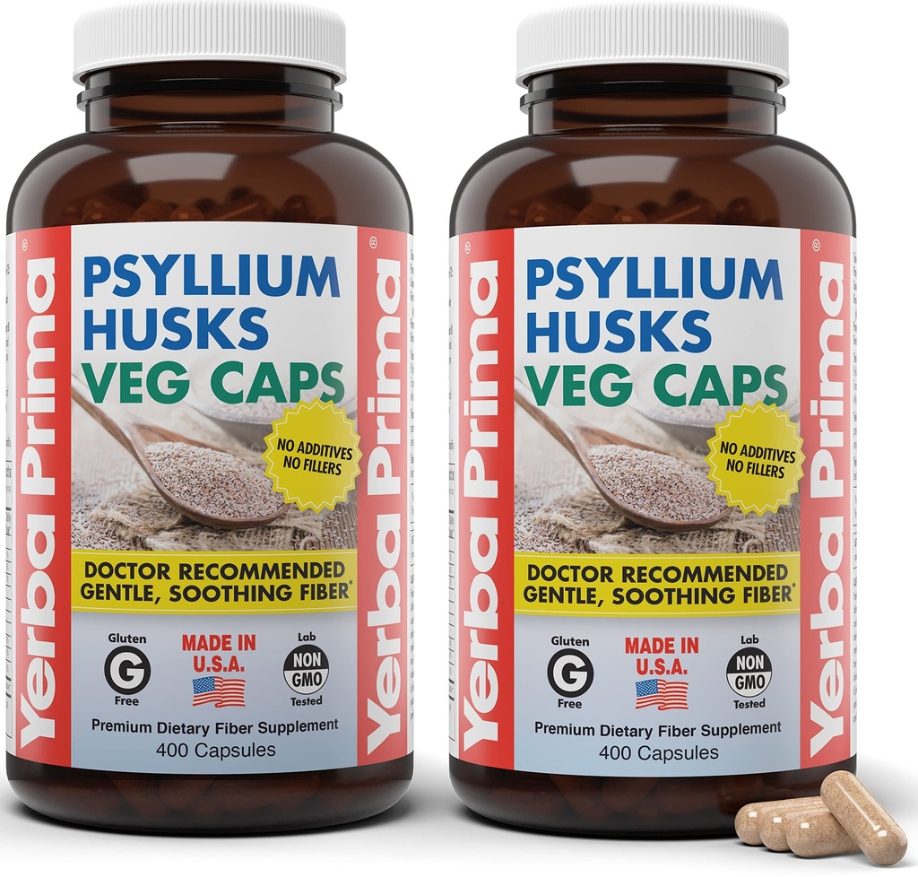Yerba Prima Psyllium Husks Veg Caps, 400 Kapslid (625mg) (pakk 2) - Vegan, Non-GMO, Gluteenivaba, Colon Cleanser, Daily Fiber Supplement Soolestiku Tervis ja korrapärasus