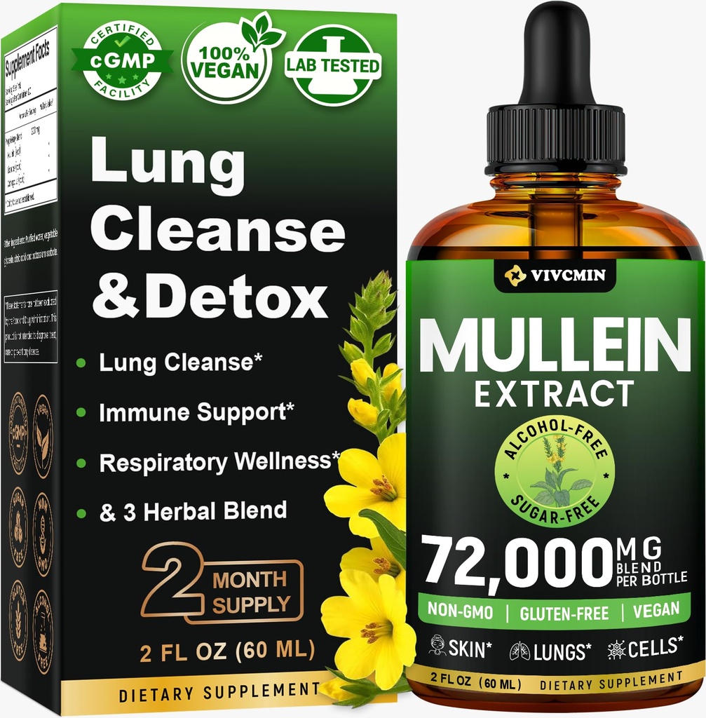 Mullein tilgad kopsudele, 3-in-1 Mullein Leaf ekstrakt kopsude tervisele, taimsete hingamisteede kopsude tervise toetamise täiendus, immuunsuse ja seedetrakti heaolu toetamine, suhkur ja alkoholivaba - 2 FL OZ