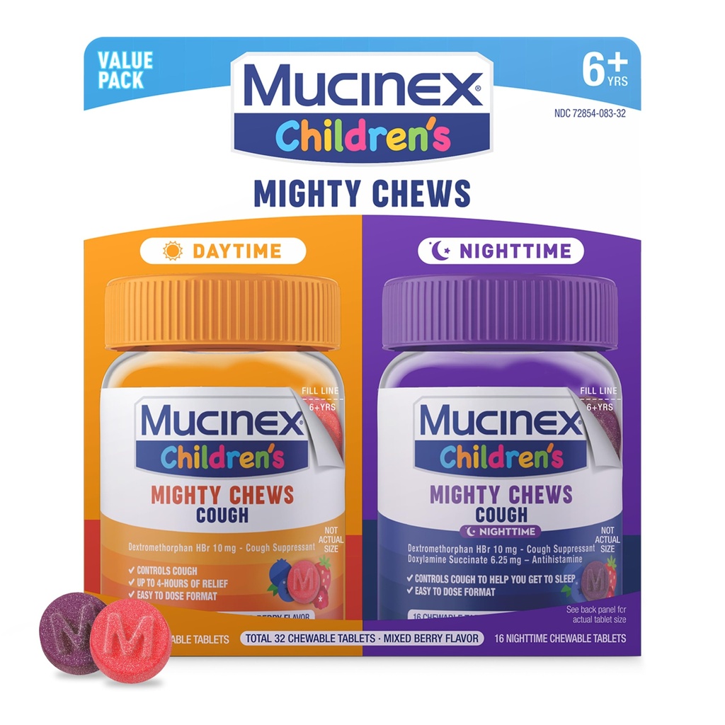 Mucinex Laste Mighty Chews Lapsed Köha meditsiin Päevasel ja öisel väärtuse pakendil, lihtne annus Köha supressant lastele dekstrometorfaaniga, segatud marjamaitse, 32 ravimit närimistabletti