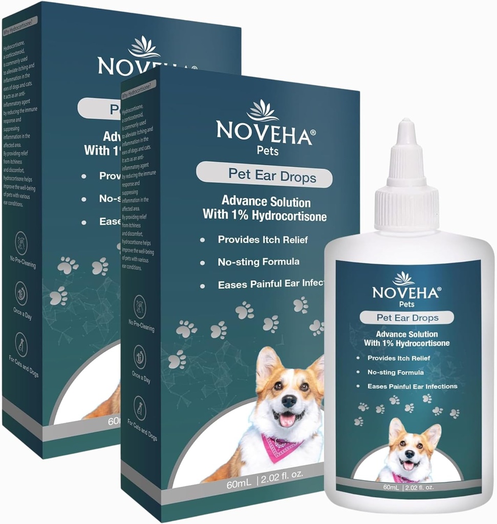 NOVEHA Pet Ear Drops koos 1% hüdrokortisooniga | Kõrvapuhastaja koertele ja kassidele Earwaxi kogunemiseks, No-Sting valem, Calms Itch & Vähendab Valulikke Kõrvainfektsioone 60 ml (60 ml (2 pakk))